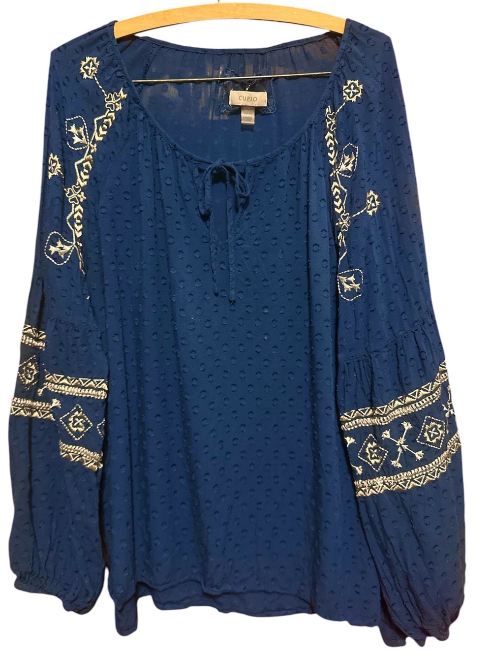 Cupio Navy Boho Embroidered Tie-Neck Tunic SZ XL